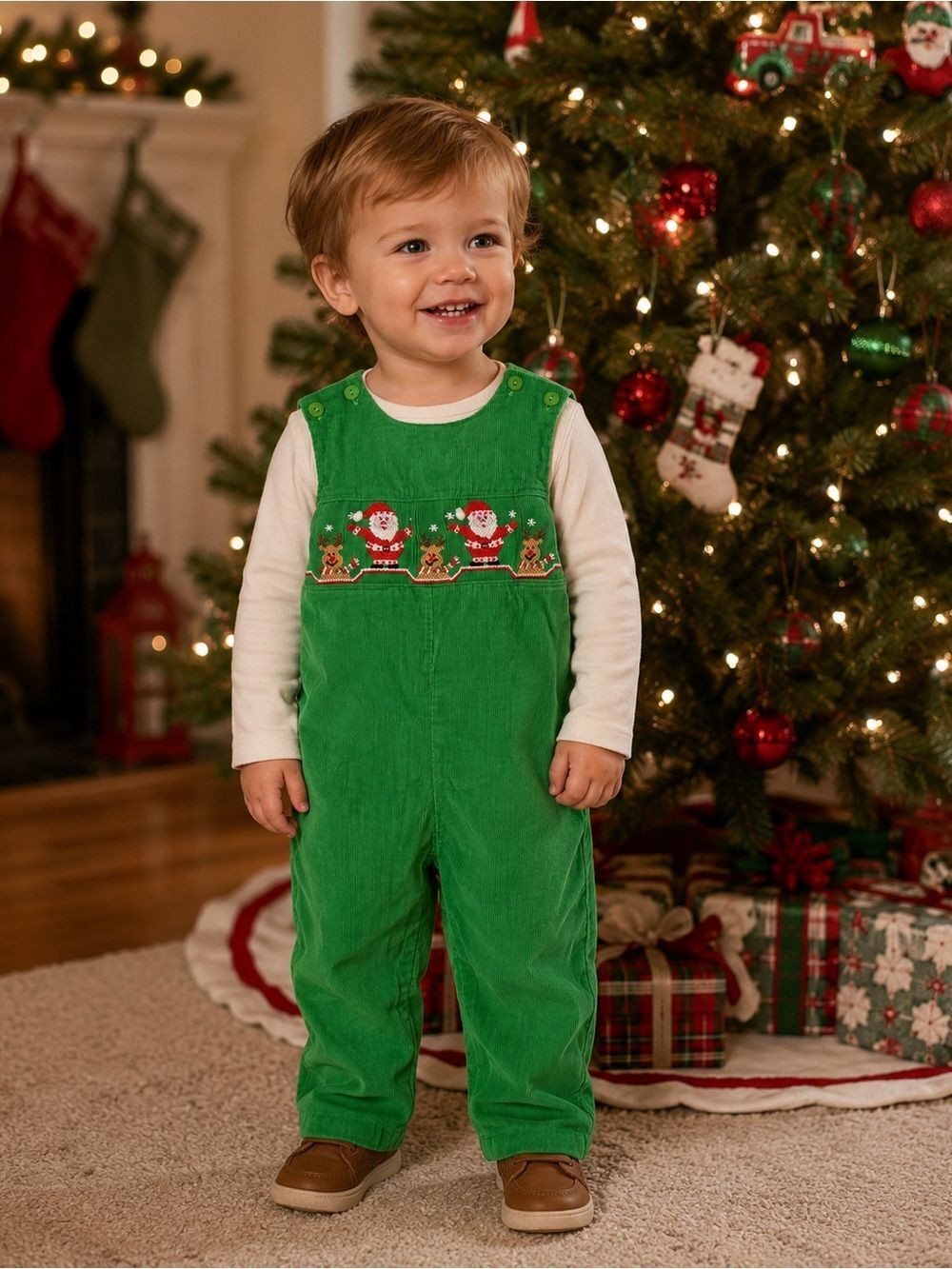 Velani Classics Kelly Green Corduroy Santa Rudolph Reindeer Smocked Overalls 6M